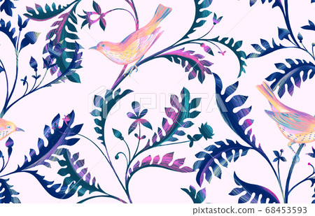 Seamless pattern with birds, dragonfly and branches with leaves. Hand drawn by color pencils realistic flora and fauna background. Nature motif in vintage style 68453593