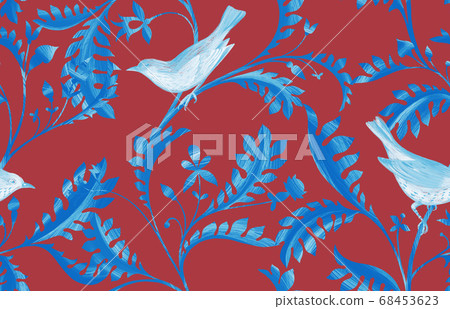 Seamless pattern with birds, dragonfly and branches with leaves. Hand drawn by color pencils realistic flora and fauna background. Nature motif in vintage style 68453623