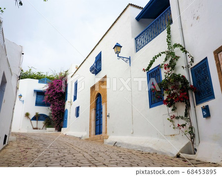 White-walled houses in Sidi Bou Said, a town on the coast of Cartago 68453895
