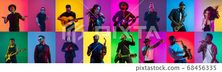 Collage of portraits of young musicians on multicolored background in neon 68456335