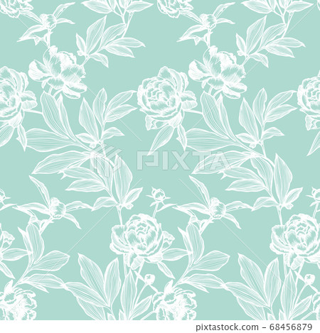 Line art peonies, buds and leaves. Vector floral seamless pattern. Detailed outline sketch drawing. Contour graphic, etching technique. Vintage background with beautiful flowers 68456879