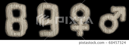 Set of numbers 8, 9 and symbols female, male made of industrial metal 3D 68457324