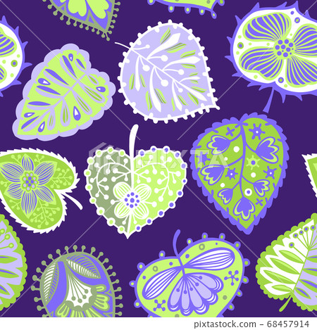 Floral seamless pattern. Decorative colorful leaves. Abstract ornament with hand drawn botanical elements and plants. Modern floral background. Floral seamless pattern. Decorative colorful leaves. Abstract ornament with hand drawn botanical elements and plants. Modern floral background. 68457914
