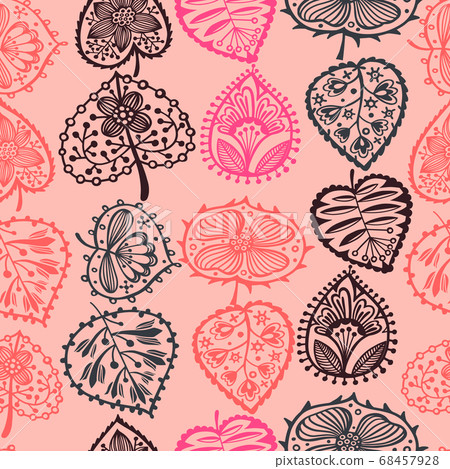 Floral seamless pattern. Decorative colorful leaves. Abstract ornament with hand drawn botanical elements and plants. Modern floral background. 68457928