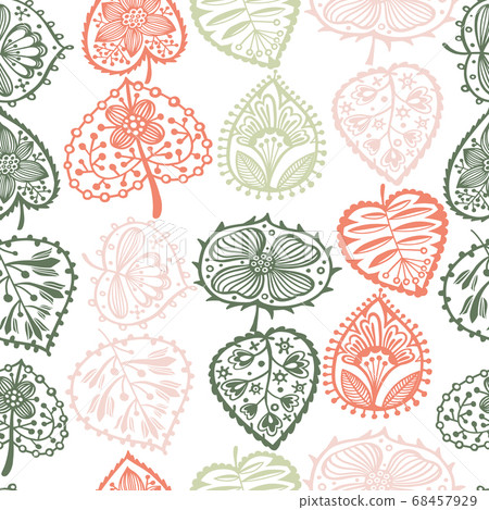 Floral seamless pattern. Decorative colorful leaves. Abstract ornament with hand drawn botanical elements and plants. Modern floral background. Floral seamless pattern. Decorative colorful leaves. Abstract ornament with hand drawn botanical elements and plants. Modern floral background. 68457929