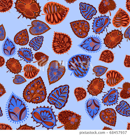 Floral seamless pattern. Decorative colorful leaves. Abstract ornament with hand drawn botanical elements and plants. Modern floral background. Floral seamless pattern. Decorative colorful leaves. Abstract ornament with hand drawn botanical elements and plants. Modern floral background. 68457937
