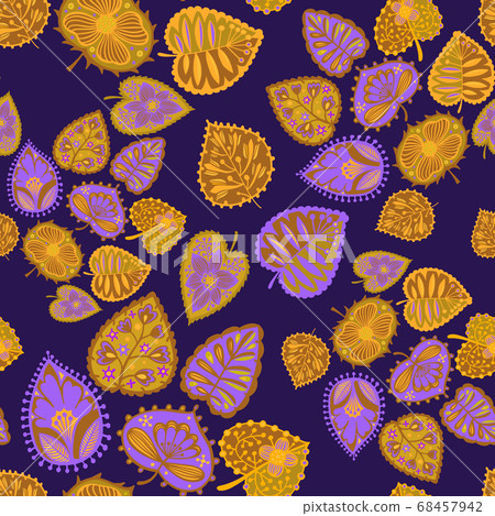 Floral seamless pattern. Decorative colorful leaves. Abstract ornament with hand drawn botanical elements and plants. Modern floral background. 68457942