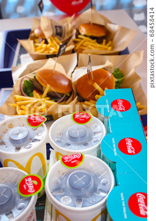 Przemysl, Poland - July 18, 2017: Delicious lunch at McDonald's. Burgers and french fries and Coca-Cola 68458414