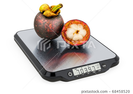 Kitchen Scales with Mangosteens. 3D rendering 68458520