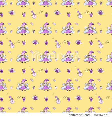 New year 2021 pattern. Christmas magic seamless pattern. Cute fairies and snowman, Christmas star and gifts on a yellow background. For New Year decorations and design, packaging, printing. Vector 68462530