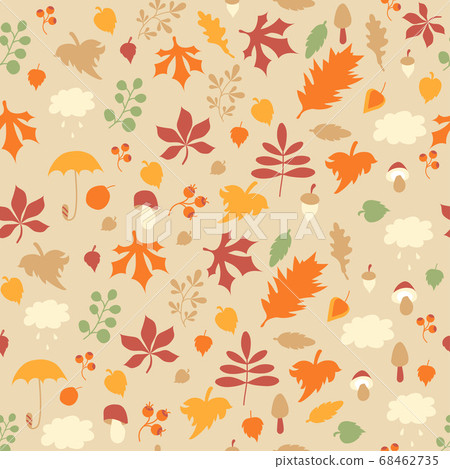 Autumn pattern. Seamless pattern. Multicolored leaves and branches, berries and mushrooms, clouds and drops on a light background. For autumn decoration and design, packaging. Vector illustration Autumn pattern. Seamless pattern. Multicolored leaves and branches, berries and mushrooms, clouds and drops on a light background. For autumn decoration and design, packaging. Vector illustration 68462735
