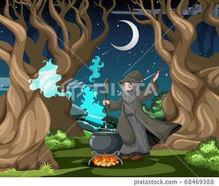 Wizard or witch with magic pot on dark forest - Stock Illustration ...