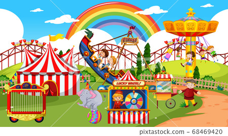 Amusement park scene at daytime with rainbow in - Stock Illustration ...