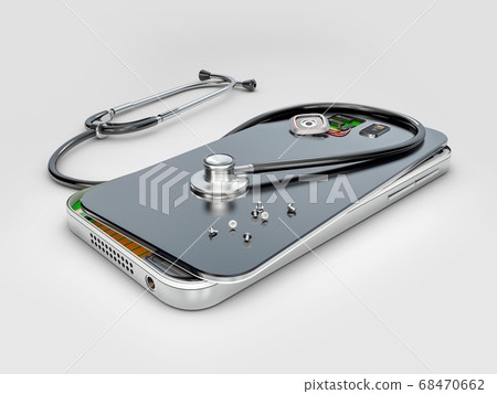 Mobile phone repair, 3D illustration. Broken mobile phone with battery. Repair electronic equipment 68470662