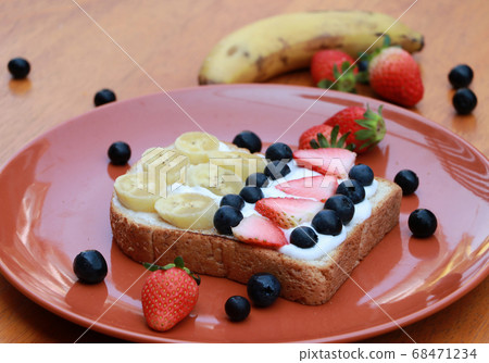 Breakfast in the round plate on the wooden floor. Breakfast in the round plate on the wooden floor. 68471234