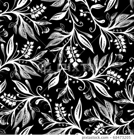Floral seamless pattern with leaves and berries in greyscale on black background 68473205