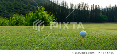 Close up Golf club hitting golf ball along fairway towards green Close up Golf club hitting golf ball along fairway towards green 68473250