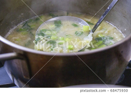 Miso soup with leeks and cabbage in the pan Miso soup with leeks and cabbage in the pan 68475930