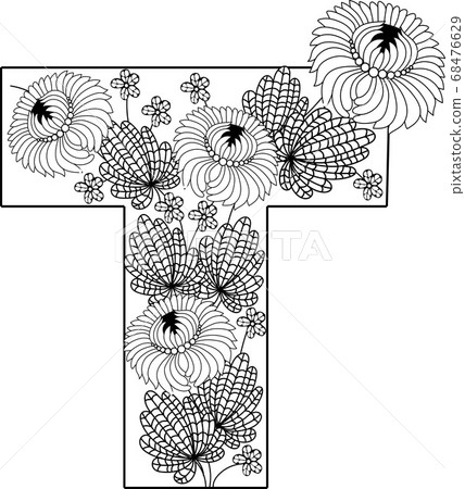 Graphic Floral Alphabet - letter T with black and white flowers 68476629