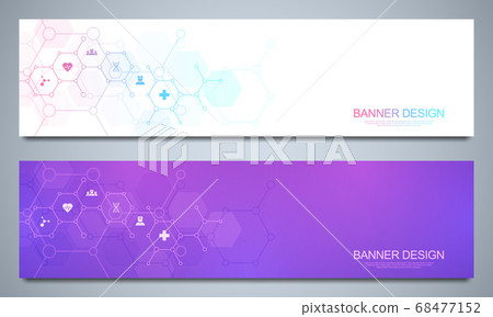 Banners design template for healthcare and medical decoration with flat icons and symbols. Science, medicine and innovation technology concept. 68477152