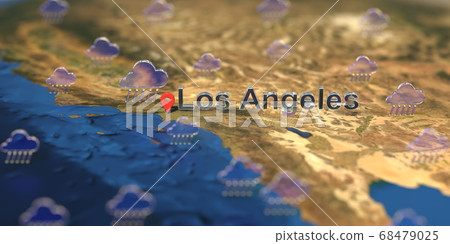 Rainy weather icons near Los Angeles city on the map, weather forecast related 3D rendering 68479025
