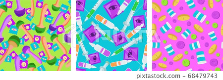 Narcotic substances pattern seamless set. Magic mushrooms tincture of salva herb with green ecstasy pills. 68479743