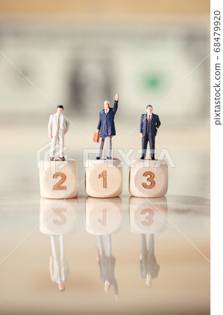 businessman standing on wooden podium with dollar bank note blur background  68479920