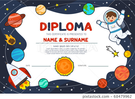 Astronaut in cosmos with spaceship stars and planets. Education preschool concept. Certificate kids diploma, kindergarten template layout space background.Template for Certificate kids diploma. Astronaut in cosmos with spaceship stars and planets. Education preschool concept. Certificate kids diploma, kindergarten template layout space background.Template for Certificate kids diploma. 68479962