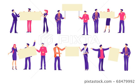 People in office clothes hold banners set. Groups of workers protest against reduction in salaries. 68479992