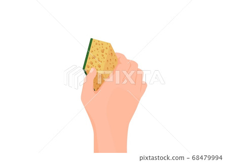 Hand holds paralon sponge. Yellow tool for erasing information from board washing dishes. Hand holds paralon sponge. Yellow tool for erasing information from board washing dishes. 68479994