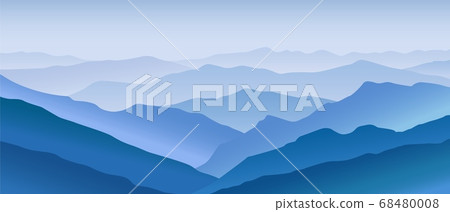 Mountain blue landscape. Horizontal panorama of open huge hills distant peaks covered with foggy haze. 68480008