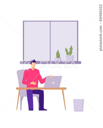 Character in abstract office. Manager in red shirt works at laptop his office modern style of furnishings. Character in abstract office. Manager in red shirt works at laptop his office modern style of furnishings. 68480202