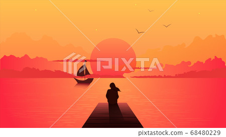 Lonely woman silhouette on sunset. Alone dreamy girl looking at orange sunset with a sailing ship. Lonely woman silhouette on sunset. Alone dreamy girl looking at orange sunset with a sailing ship. 68480229