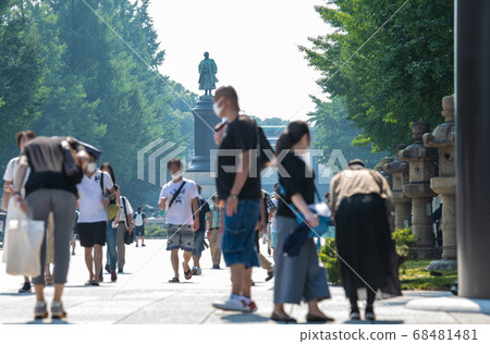 Tokyo cityscape in Japan People who bow deeply under the great torii gate of Yasukuni Shrine in the heat of summer = August 15 "End of the war" Tokyo cityscape in Japan People who bow deeply under the great torii gate of Yasukuni Shrine in the heat of summer = August 15 "End of the war" 68481481