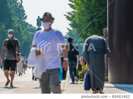 Tokyo cityscape in Japan People who bow deeply under the great torii gate of Yasukuni Shrine in the heat of summer = August 15 "End of the war" 68481482