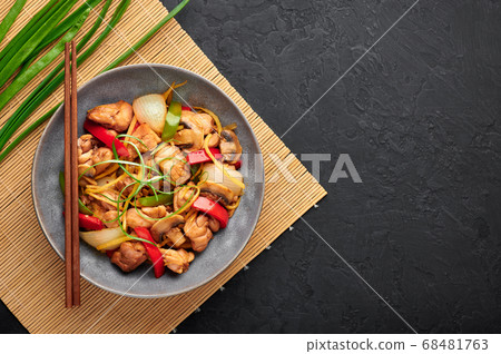 Thai Ginger Chicken or Gai Pad King in gray bowl 68481763