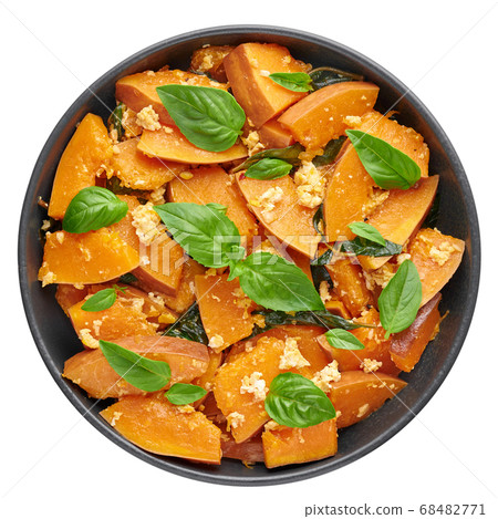 Pad Faktong or Thai Stir-fried Pumpkin in black bowl isolated on white 68482771