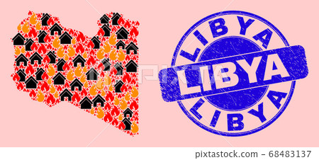 Libya Map Mosaic of Flame and Properties and Grunge Libya Stamp Libya Map Mosaic of Flame and Properties and Grunge Libya Stamp 68483137
