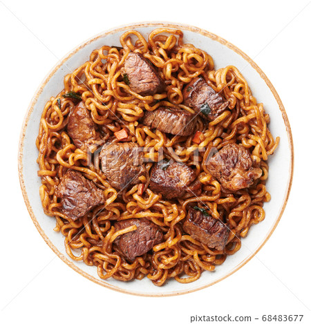 Ram-Don or Chapaguri noodles with beef steak isolated on white 68483677