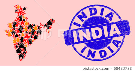 India Map Mosaic of Flame and Homes and Textured India Stamp 68483788