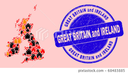 Great Britain and Ireland Map Mosaic of Flame and Buildings and Grunge Great Britain and Ireland Stamp 68483885