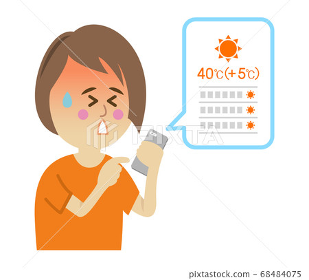 Illustration image of a woman who is disappointed to know that the heat wave will continue on the smartphone 68484075