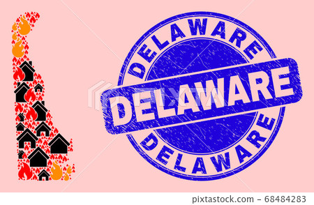 Delaware State Map Collage of Fire and Properties and Scratched Delaware Seal Stamp 68484283