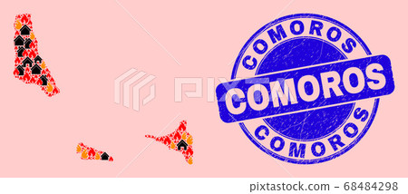 Comoros Islands Map Mosaic of Flame and Homes and Grunge Comoros Stamp 68484298