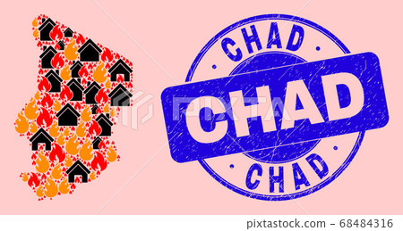 Chad Map Mosaic of Fire and Houses and Distress Chad Seal Stamp 68484316