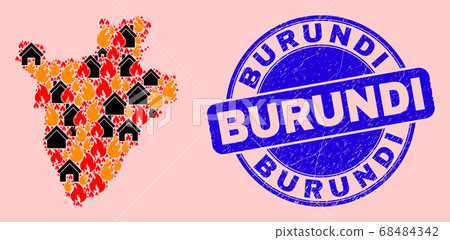 Burundi Map Collage of Fire and Buildings and Distress Burundi Stamp 68484342