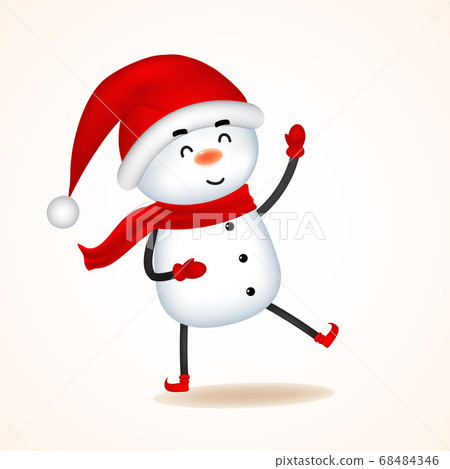 Snowman with Red Scarf and Santa Cap. Christmas cute cartoon character.Vector illustration of elf on white background. Isolated. Snowman with Red Scarf and Santa Cap. Christmas cute cartoon character.Vector illustration of elf on white background. Isolated. 68484346