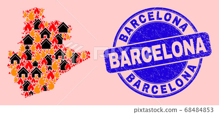 Barcelona Province Map Mosaic of Flame and Buildings and Scratched Barcelona Seal 68484853