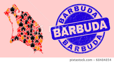 Barbuda Island Map Collage of Flame and Homes and Textured Barbuda Seal 68484854