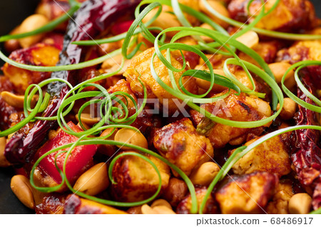 Kung Pao Paneer at black slate background. Close up 68486917